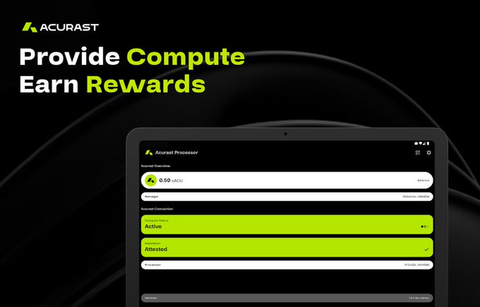 An Acurast promotional image with the tagline "Provide Compute, Earn Rewards", showing a tablet interface displaying an Acurast Processor dashboard with active attestation status and 0.60 tACU.