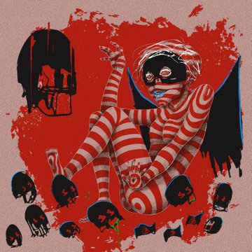 A surreal digital art piece features a character with red and white striped skin and black wings, surrounded by various black and red stylized skulls. Below the central figure, there is small green text that reads "© 2022 by Carlos S. Gomez."