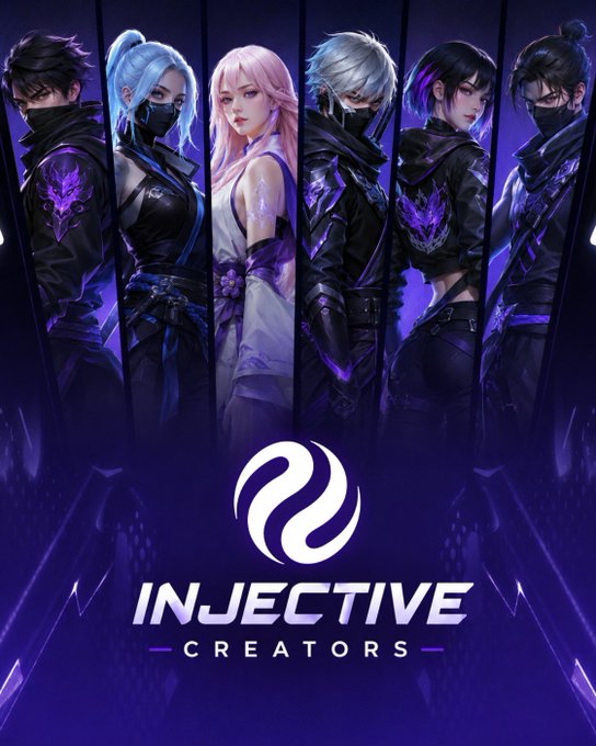 The image features an advertisement for a video game called "Injective Creators". The poster showcases six different characters from the game, each with unique outfits and hairstyles, standing side by side against a purple background. The text on the poster highlights the game's focus on experimentation, learning, and growth as creators.