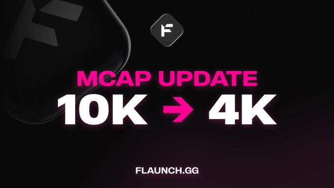 A dark promotional graphic with pink and white text announcing an 'MCAP UPDATE' showing '10K → 4K' with the Flaunch (F) logo and 'FLAUNCH.GG' website displayed.