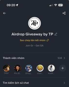 A mobile screenshot of a Telegram group titled "Airdrop Giveaway by TP" with 534 members, showing various user avatars.