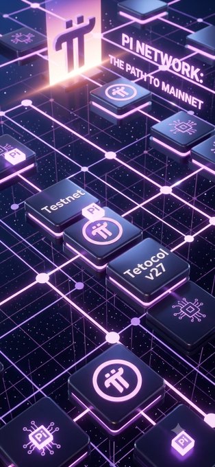 A futuristic digital display showing "Pi NETWORK: THE PATH TO MAINNET" with tiles labeled "Testnet," "Tetoco! v27," and Pi Network logos arranged on a glowing circuit-like grid, visually representing the network's progression through Testnet 2 (Protocol 27) toward the Mainnet launch while stressing its capacity of 250 transactions per block.