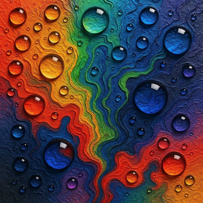 A vibrant, textured artwork featuring swirling waves of rainbow colors — reds, oranges, yellows, greens, and blues — with glossy water droplets scattered across its surface, fitting the theme of "Textures 2" as a celebration of rich tactile and visual detail.