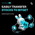 The image is a Bitget promotional graphic with a 3D rabbit character, text reading "UPGRADE TO WIN — EASILY TRANSFER STOCKS TO BITGET" and "Ditched Alpha to Bing," along with an orange "Sign up" button. It promotes a giveaway where participants compete to win cooling prizes like an Air Conditioner, Fan, Mini Handheld Fan, and Cup.