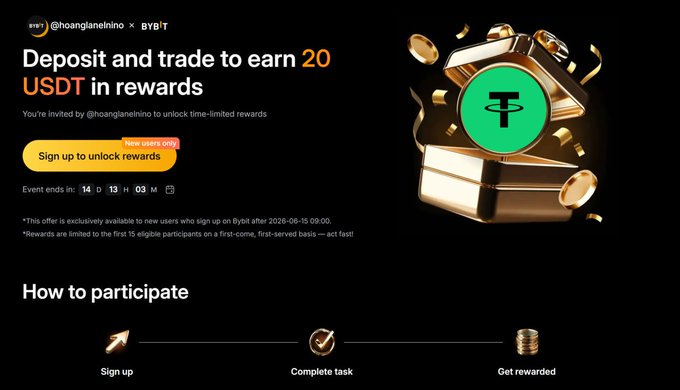 The image shows a page from Bybit that offers users an opportunity to earn $20 cash by signing up for their platform. The information about how to participate in this contest is displayed at the top, with instructions for users to get started, including the required deposit and minimum volume of trading. Additionally, there are images featuring different types of gold coins, showcasing various payment options available through Bybit.