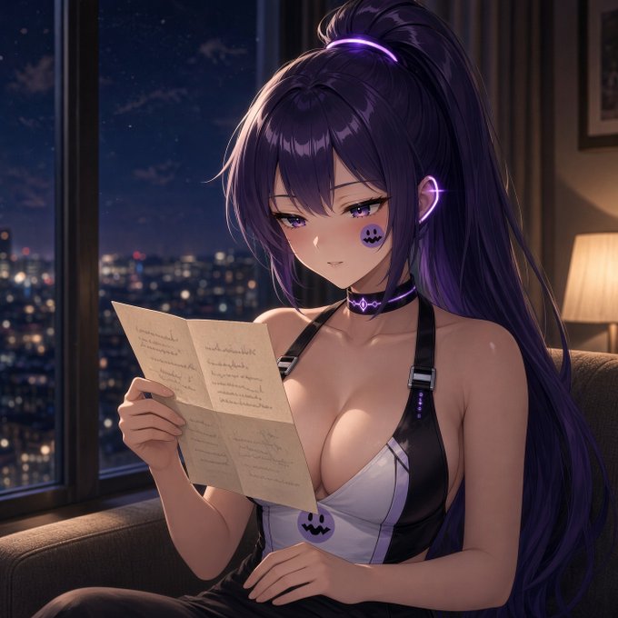 An anime-style illustration of a girl with long purple hair in a ponytail, wearing a black and white outfit with a pumpkin face sticker, reading a letter at night by a window overlooking a city skyline.