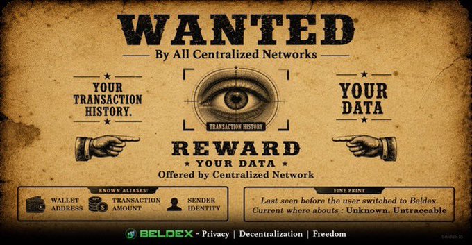A 'WANTED' poster styled advertisement from Beldex about privacy, reading 'YOUR TRANSACTION HISTORY. YOUR DATA. REWARD YOUR DATA' and 'Last seen before the user switched to Beldex. Current whereabouts: Unknown. Untraceable'.