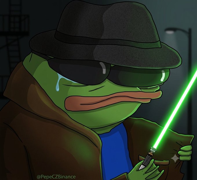 A digital illustration of the Pepe the Frog meme dressed in a detective's trench coat, fedora, and sunglasses, wiping a tear while holding a green lightsaber, with the watermark "@PepeCZBinance" in the corner.