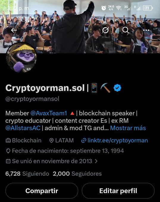 Twitter/X profile of @cryptoyormansol (Cryptoyorman.sol), a blockchain speaker and crypto educator affiliated with @AvaxTeam1 and @AllstarsAC, showing 2,000 followers.