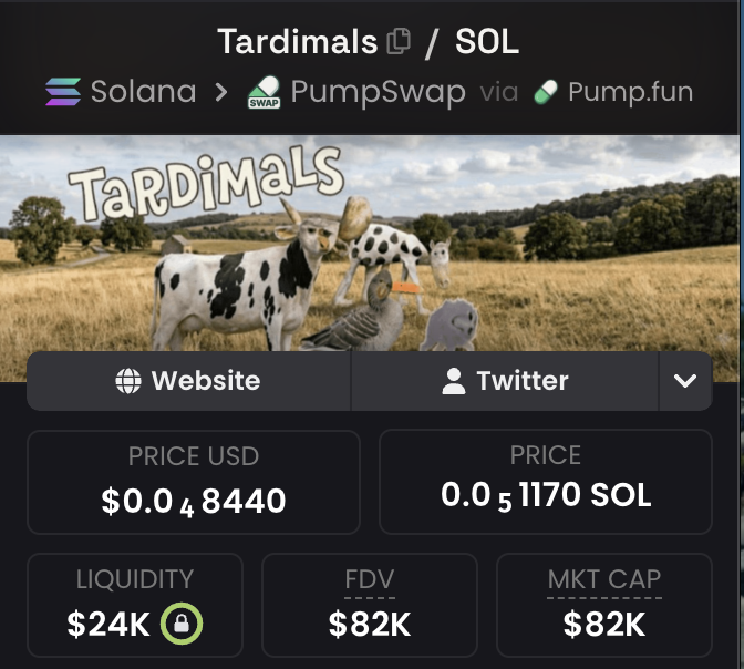 The screenshot shows a Solana memecoin called "Tardimals" (ticker $Tardimals/SOL) traded via PumpSwap, featuring a countryside banner image of cartoon-style animals (cows, a duck, and a seal). Key metrics displayed include a price of $0.0000844 USD (0.00001170 SOL), $24K liquidity, and an $82K FDV/market cap, supporting the post's pitch that the token leans on animal/brainrot imagery to attract buyers looking to "buy the dip."