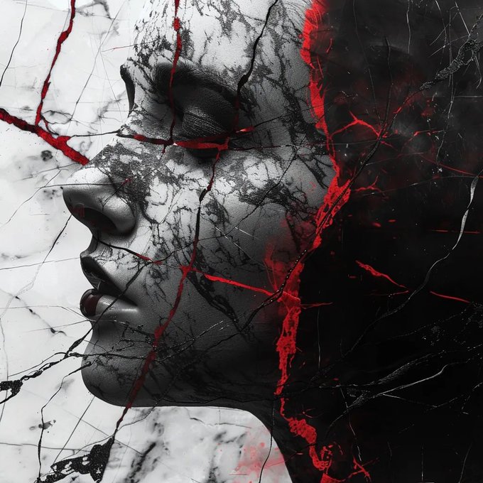 A stylized digital artwork depicting a grayscale profile of a woman's face emerging from cracked marble, with vivid red veins running through the fractures.