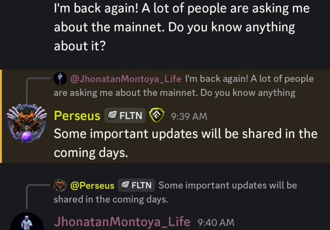 A Discord conversation screenshot showing a user named JhonatanMontoya_Life asking about the mainnet, with Perseus responding 'Some important updates will be shared in the coming days' in the FLTN channel.