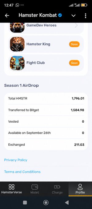 A mobile screenshot of a Hamster Kombat profile page showing a Total HMSTR balance of 1,796.01, with 1,584.98 Transferred to Bitget and 211.03 Exchanged.