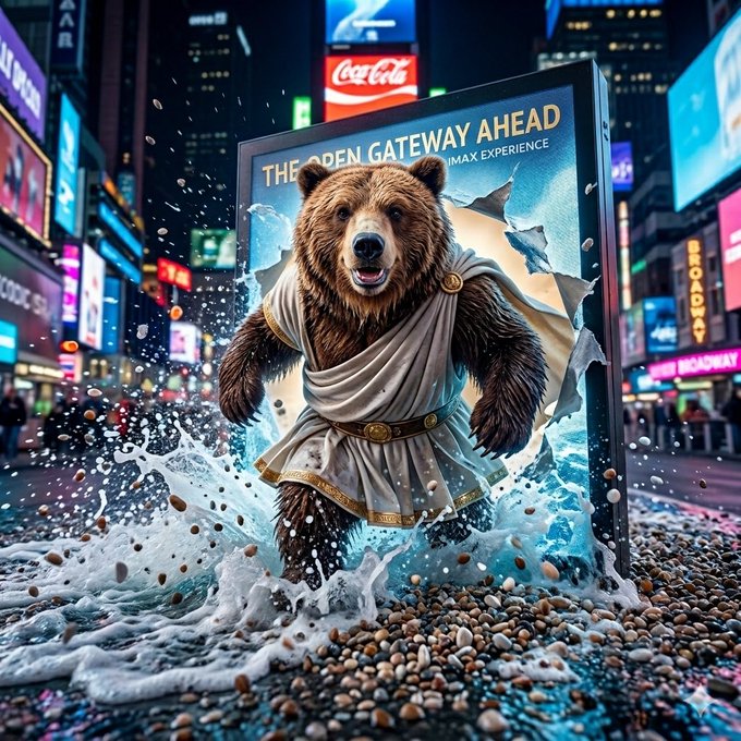 A surreal scene of a bear dressed as a Greek statue bursting through a billboard reading 'THE OPEN GATEWAY AHEAD' in a neon-lit Times Square, splashing water and pebbles onto the street.