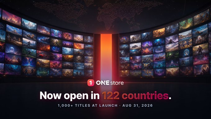 A curved display showcases a grid of over 1,000 game cover thumbnails flanking "ONEstore," with promotional text announcing "Now open in 122 countries" and "1,000+ TITLES AT LAUNCH · AUG 31, 2026." The image visually reinforces the post's message by depicting the extensive, unified game library launched across all 122 markets simultaneously.