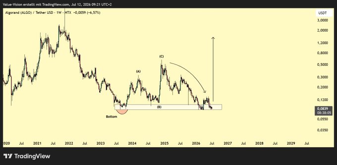A TradingView chart for ALGO Tether USD (HTX) showing weekly price action from 2020-2029 with Elliott Wave analysis labels (A), (B), (C), a 'Bottom' marker, and a projected upward arrow.