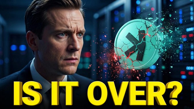 A YouTube-style thumbnail featuring a worried man in a suit next to a cracked XRP cryptocurrency coin, with the dramatic text 'IS IT OVER?' in large yellow letters.