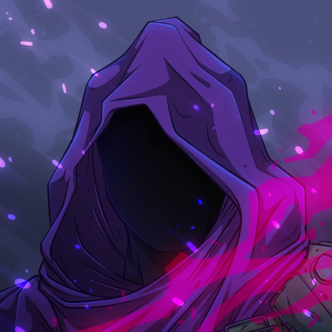 A faceless hooded figure in purple stands dramatically amid swirling pink particles and dark clouds, evoking mystery and anticipation. The enigmatic character reflects the post's theme of building a real gaming product (Everdraw RPG) rather than rushing to mint, embodying the patience and focus behind actual game development.