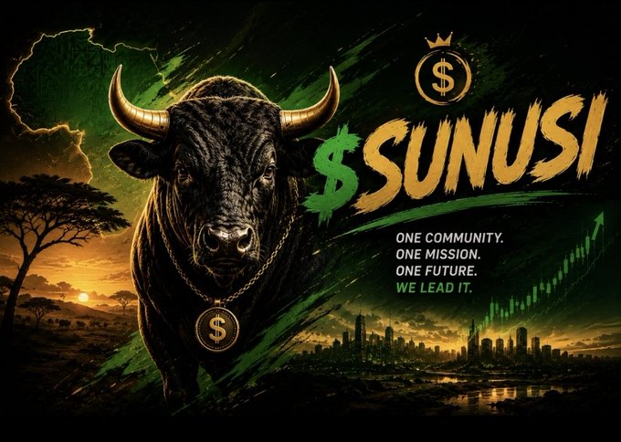 A powerful charging bull wearing a "$" medallion is featured alongside the text "$SUNUSI" and the tagline "ONE COMMUNITY. ONE MISSION. ONE FUTURE. WE LEAD IT." The image reinforces the post's bullish sentiment with an ascending green chart, symbolizing the unstoppable momentum of the $SUNUSI token.