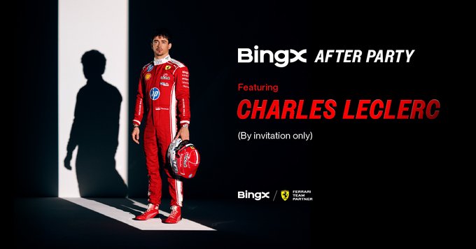 The image promotes a "BingX After Party" featuring Ferrari F1 driver Charles Leclerc, showing him in a red racing suit holding his helmet alongside the event title and "By invitation only" text. The promotional graphic aligns with the post's announcement of an exclusive October 7 meet-and-greet event at Zouk Capital in Singapore for select attendees.