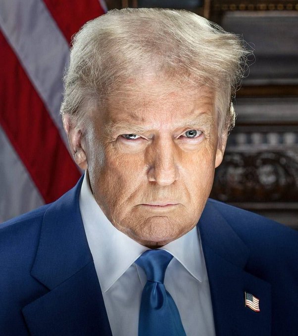 This is a close-up portrait of former President Donald Trump, seen in a dark suit with a blue tie and an American flag pin, likely commenting on his statement about defending the Strait of Hormuz.