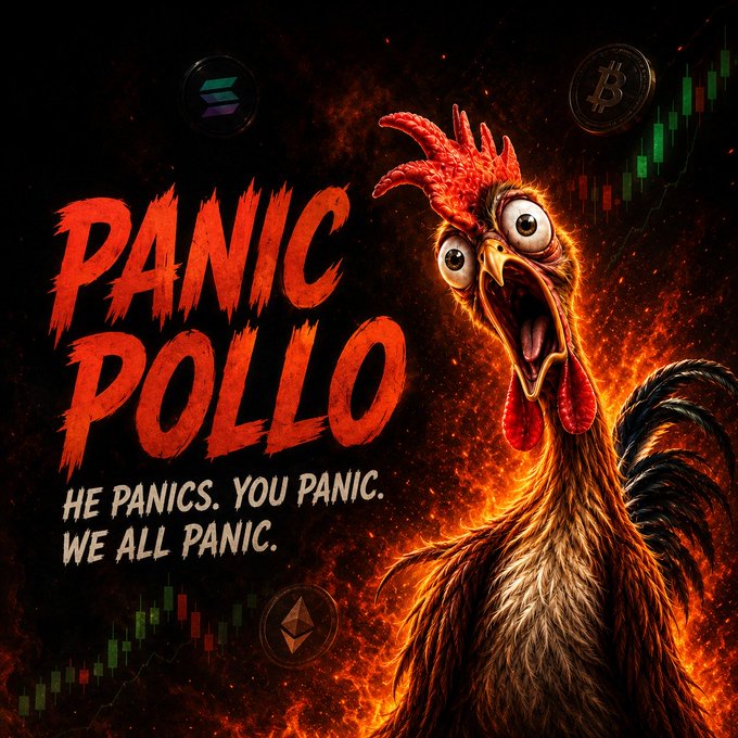 A dramatic promotional image titled 'PANIC POLLO' with the tagline 'HE PANICS. YOU PANIC. WE ALL PANIC.' showing a wide-eyed rooster surrounded by flames, with Solana and Bitcoin logos and candlestick charts in the background.