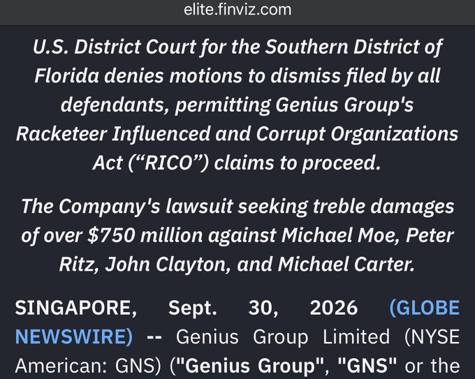 A news wire from Singapore (Sep 30, 2026) about the U.S. District Court for the Southern District of Florida denying motions to dismiss in Genius Group Limited's RICO lawsuit seeking over $750 million against Michael Moe, Peter Ritz, John Clayton, and Michael Carter.