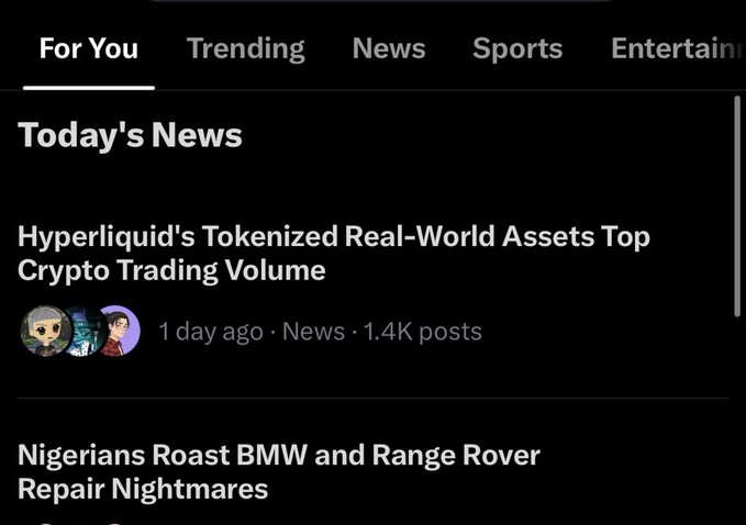 Screenshot of a news app showing 'Today's News' tab with headlines about 'Hyperliquid's Tokenized Real-World Assets Top Crypto Trading Volume' and 'Nigerians Roast BMW and Range Rover Repair Nightmares'.