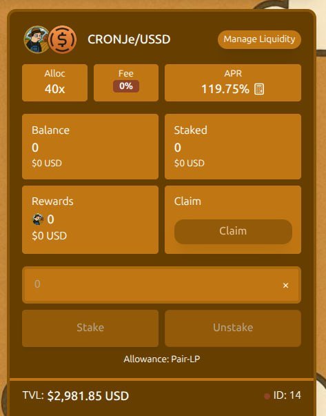 A crypto liquidity management interface for 'CRONJe/USSD' shows an APR of 119.75%, 40x allocation, and zero balances for stake and rewards.