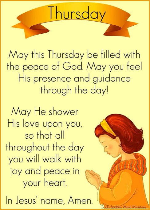 A Thursday inspirational graphic with an orange banner reading 'Thursday' and a prayer: 'May this Thursday be filled with the peace of God... In Jesus' name, Amen,' accompanied by an illustration of a praying woman with red hair, credited to God's Spoken Word Ministries.