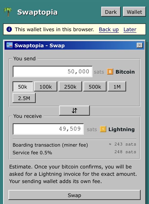 A screenshot of the Swaptopia swap interface showing a transaction to convert 50,000 sats of Bitcoin to 49,509 sats on Lightning, including estimated boarding and service fees.