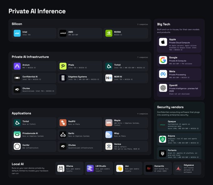 An infographic titled 'Private AI Inference' categorizing companies into sections including Silicon (Intel, AMD, NVIDIA), Private AI Infrastructure (Anulum, Phala, Tenstorrent, etc.), Big Tech (Apple, Google, Meta, OpenAI), Applications, Security vendors, and Local AI.