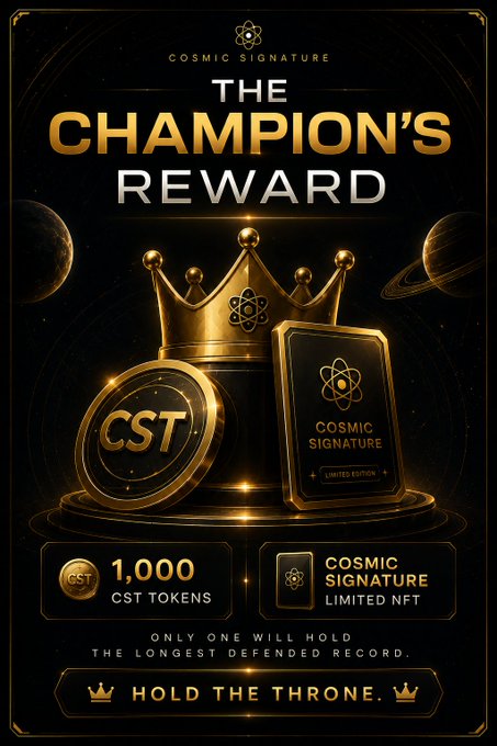 The image features a poster for an endurance challenge with a crown on top of it. The poster also includes a description of the prize, which is 1,000 CSTs or Cosmic Signature NFTs. The text on the poster suggests that this is a competition where the winner will be crowned as the Endurance Champion and receive a Cosmic Signature NFT in return. The post emphasizes the importance of endurance and how it can lead to winning the challenge.