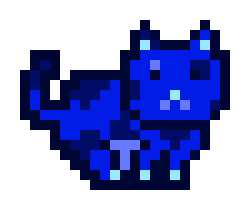 A pixel art image of a blue, cat-like or fox-like creature with pointed ears and a glowing blue face.