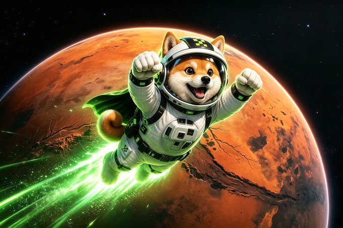 A cheerful Shiba Inu dog wearing a white astronaut suit and helmet triumphantly flies through space on a glowing green jet of light, with the red planet Mars prominently visible in the background. The image illustrates the accompanying post's playful reference to "$LAIKA" (a meme token featuring the iconic space dog) aiming to "fly to MARS" using the "power of RWA Meme," while also adding "more SpaceX ($SPCX) fuel"—symbolized by the dog's heroic, rocket-powered journey across the cosmos toward the red planet, alluding to Elon Musk's (@elonmusk) Mars ambitions.