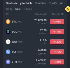 A cryptocurrency trading app interface (in Vietnamese) showing the 'Spot' tab with tickers like BTC/USDT at 75,869.28, SOL/USDT at 97.30, and TAO/USDT at 218.0, all displaying negative percentage changes in red.