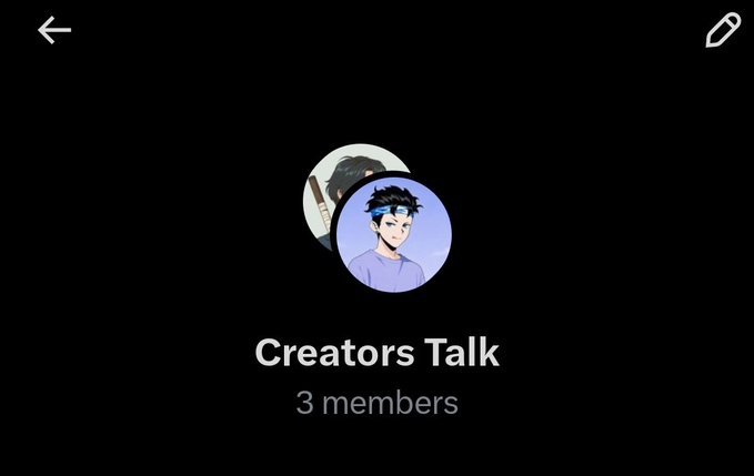 A dark mobile interface screen showing a group chat called 'Creators Talk' with 3 members, displaying two overlapping anime-style profile avatars.