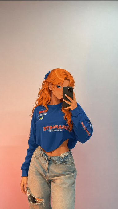 An anime-style illustration of a girl with long wavy orange hair taking a mirror selfie with her phone, wearing a blue cropped sweatshirt with red text and distressed jeans.