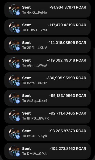 A screenshot of a crypto wallet transaction history showing multiple "Sent" ROAR token transfers in amounts ranging from approximately 92,711 to 380,996 ROAR to various addresses. This visually supports the post's claim of having "airdropped a few" ROAR tokens, with the sender hoping these distributions will help "send $ROAR higher."