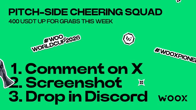 A green graphic advertising a 'PITCH-SIDE CHEERING SQUAD' with 400 USDT prize, listing steps: '1. Comment on X, 2. Screenshot, 3. Drop in Discord' with hashtags #WOO_WORLDCUP2026 and #WOOXPIONEER.