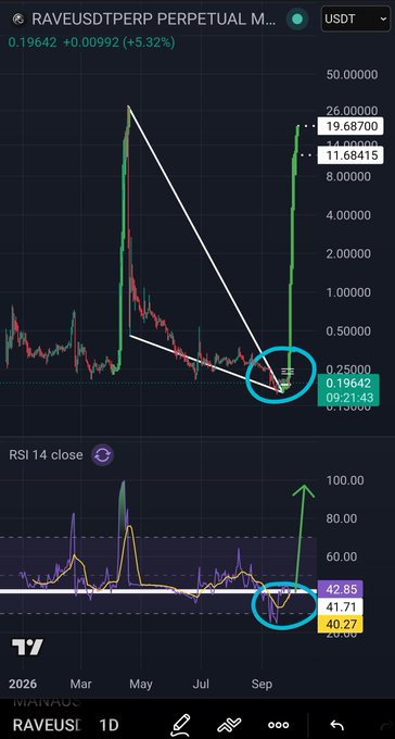 A TradingView chart for RAVEUSDT perpetual contract showing a sharp price spike with technical analysis markings including a triangle pattern and circled areas on both the price chart and RSI 14 indicator.