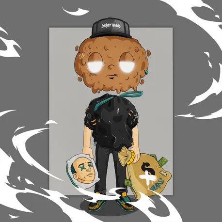 A digital illustration shows a character with a chocolate chip cookie for a head, wearing a black cap and a torn black shirt, holding a severed head and a money bag marked with a dollar sign.