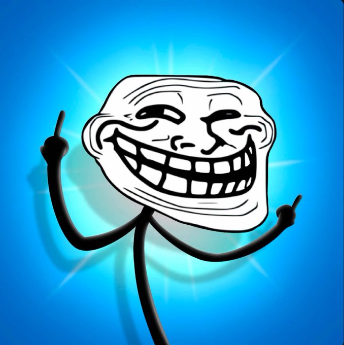 The classic 'Trollface' internet meme—a grinning cartoon face—points both fingers upward against a bright blue radial background.