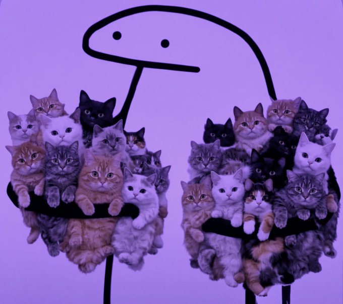 The artwork features two clusters of cute cats arranged symmetrically against a purple background, framed by a simple black line drawing that gives the impression of a stylized figure or creature holding them. It visually represents the "Monad is open to everyone" message by showing diverse, warmly-welcomed cats in equal, abundant groups, suggesting inclusivity and belonging.