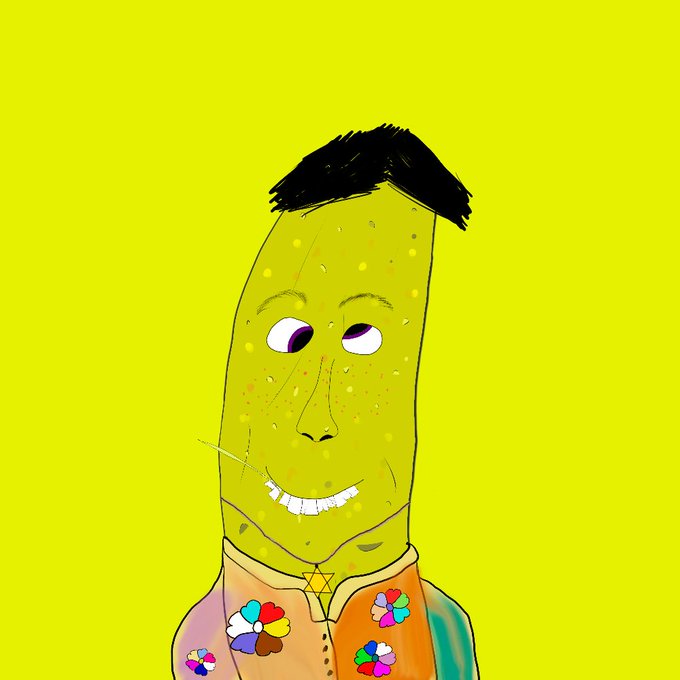 A crude drawing of a green pickle-shaped character with black hair, a smiling face, and a colorful flower-patterned vest against a bright yellow background.