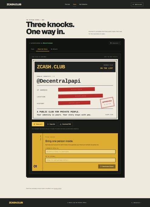 A webpage screenshot from ZCASH.CLUB displays 'Three knocks. One way in.' with a public identity (@Decentralpapi) shown alongside redacted IP address and location details and an 'APPROVED' stamp.