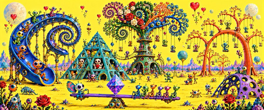 A vibrant, whimsical digital illustration featuring cartoon characters, a swing set, a heart-shaped tree, and a seesaw on a bright yellow background.