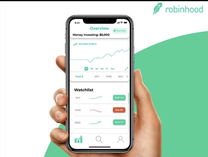 A hand holds a smartphone displaying the Robinhood app's "Overview" screen, showing a $50,000 money investing portfolio with a $50,000 (1.00%) gain and a watchlist featuring tickers SPY ($287.54), PINS ($26.50), and QQQ ($180.57), set against the Robinhood logo.

The image illustrates Robinhood's mobile trading platform as the accompanying article highlights Bernstein raising Robinhood's price target to $160, citing strong confidence in the company's tokenization business and growth momentum.
