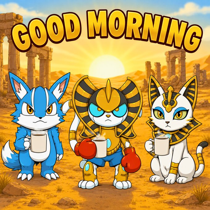 A colorful cartoon illustration of three Egyptian cat-themed characters holding coffee mugs with the text 'GOOD MORNING' displayed above them in a desert setting with ancient ruins.