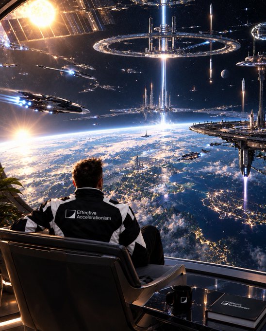 A science fiction illustration of a person wearing an "Effective Accelerationism" jacket, sitting in a chair overlooking Earth from a futuristic space station with ships and glowing rings.
